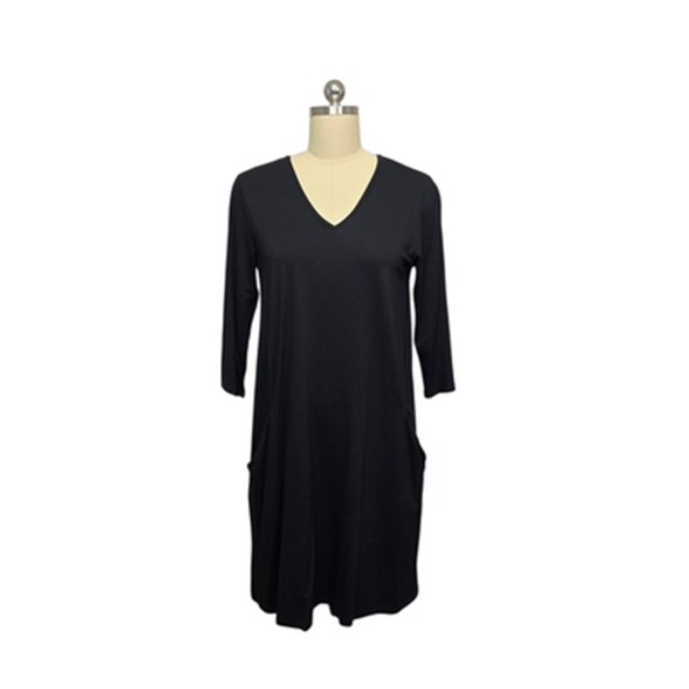 Eileen Fisher Dress Womens XS Black V Neck 3/4 Sleeve Tunic Pockets Made USA